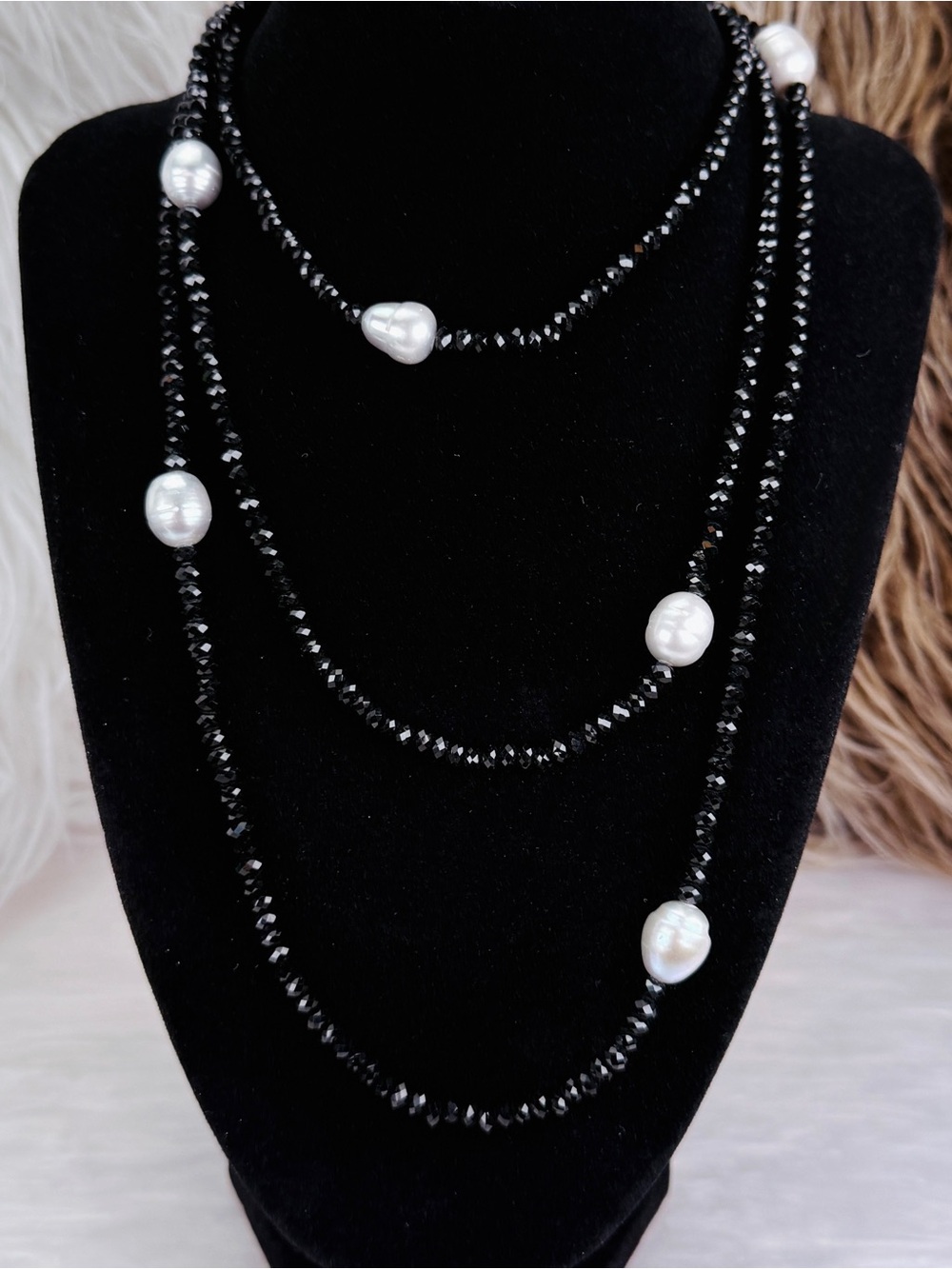 Long Black Faceted Bead & White Faux Pearl Necklace 48”